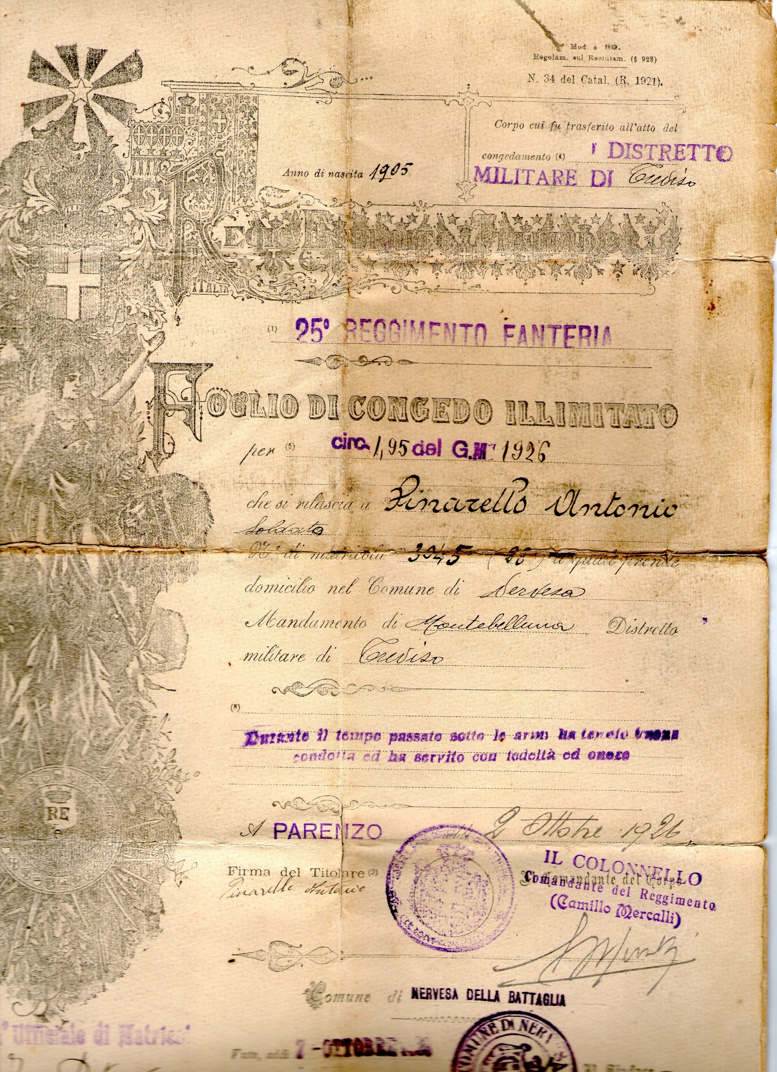 Certificado Servicio Militar de 1926